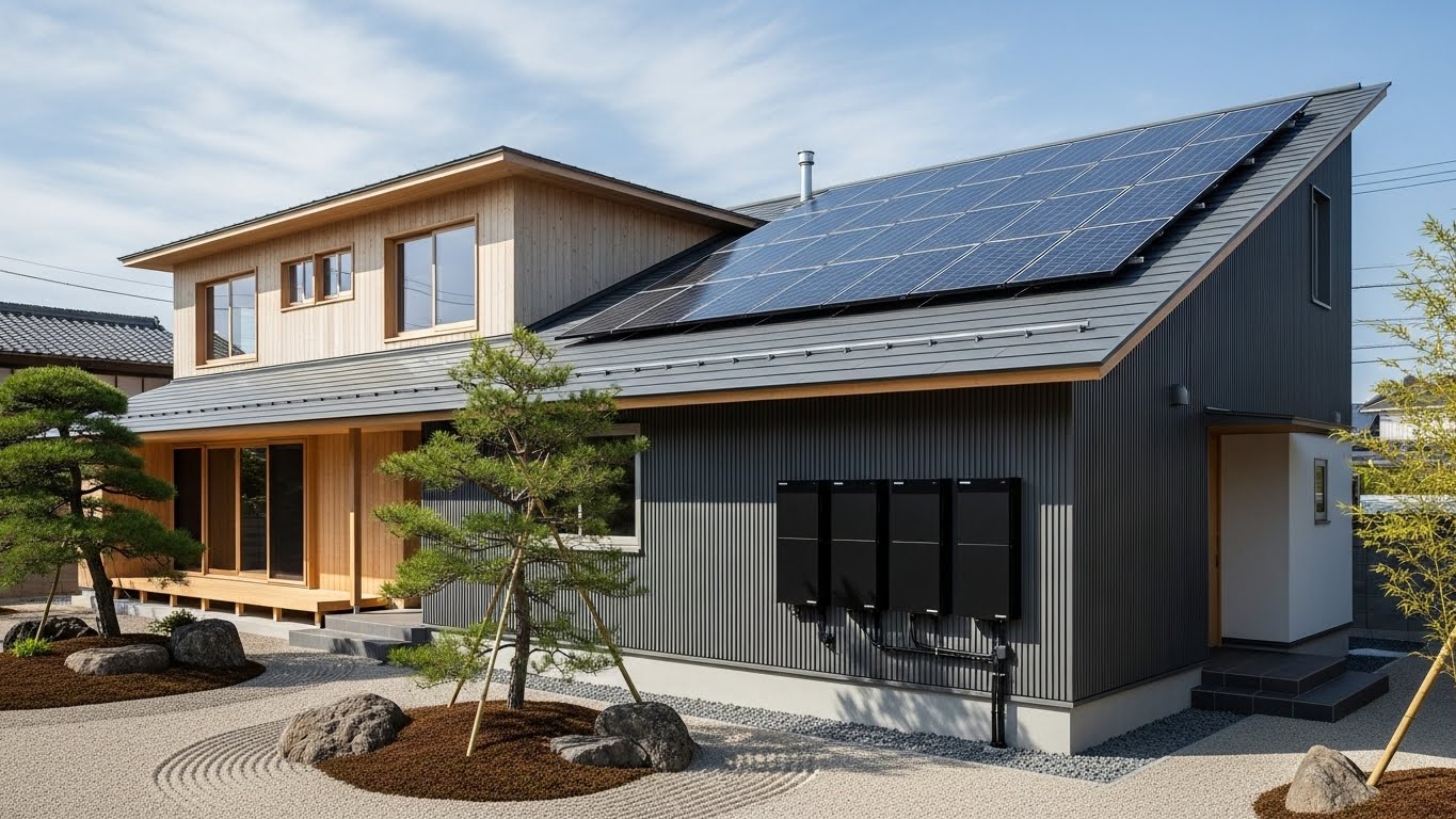 太陽光パネルと蓄電池のついた住宅